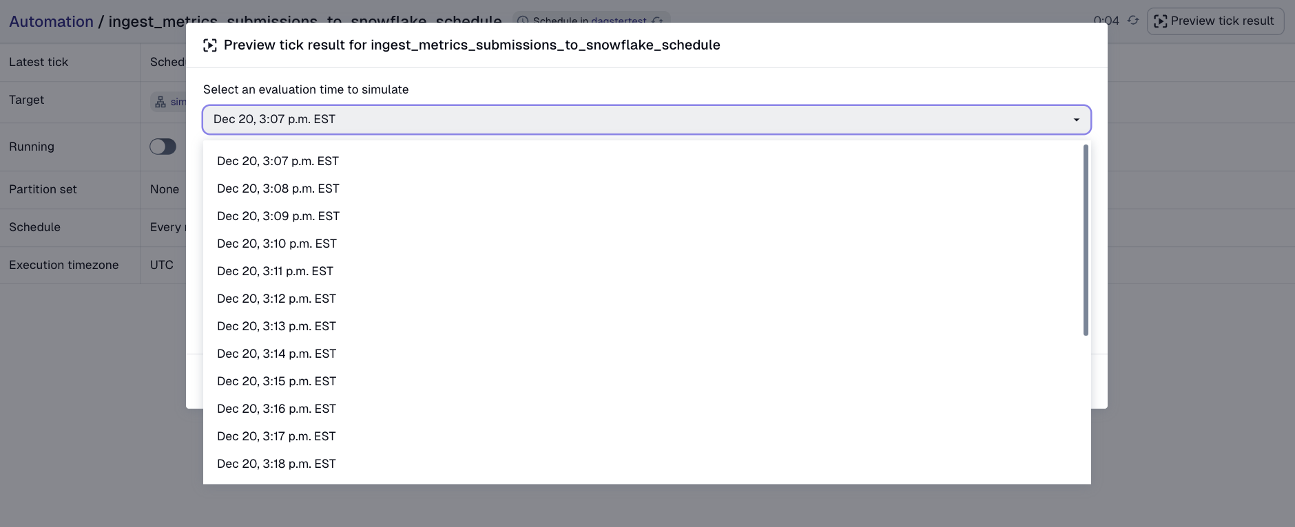 Selecting a mock evaluation time for a schedule in the Dagster UI